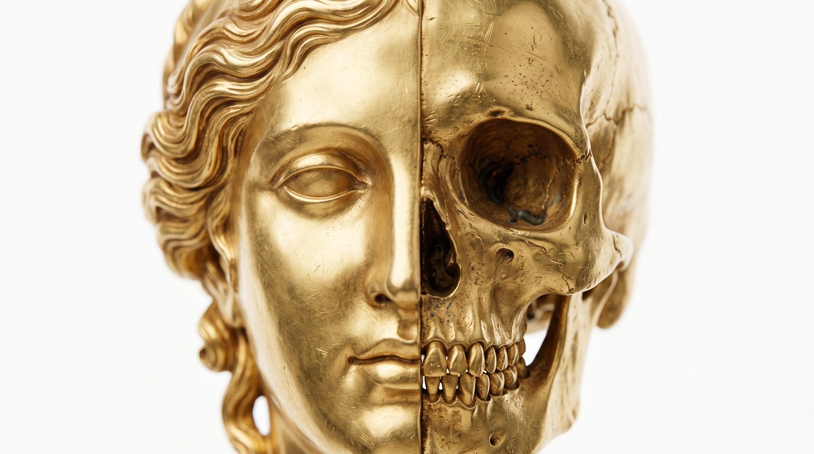 Gold face in close-up — serene sculpted features on one half, bare skull on the other, split by a clean seam