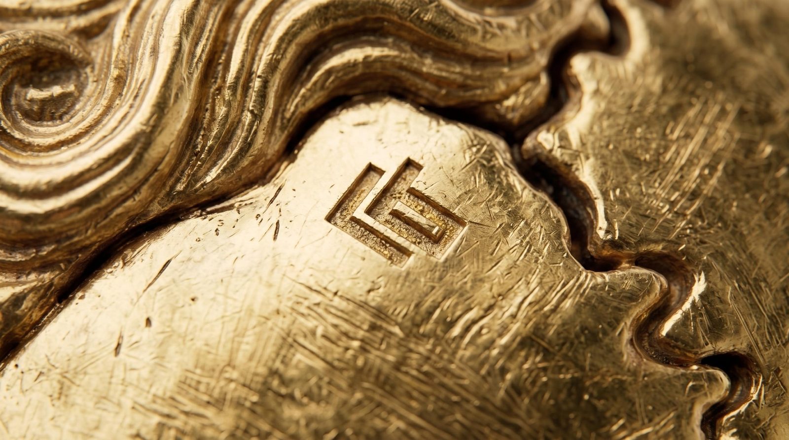 Macro of the letbe mark engraved in gold, at the seam where sculpted hair meets bare skull