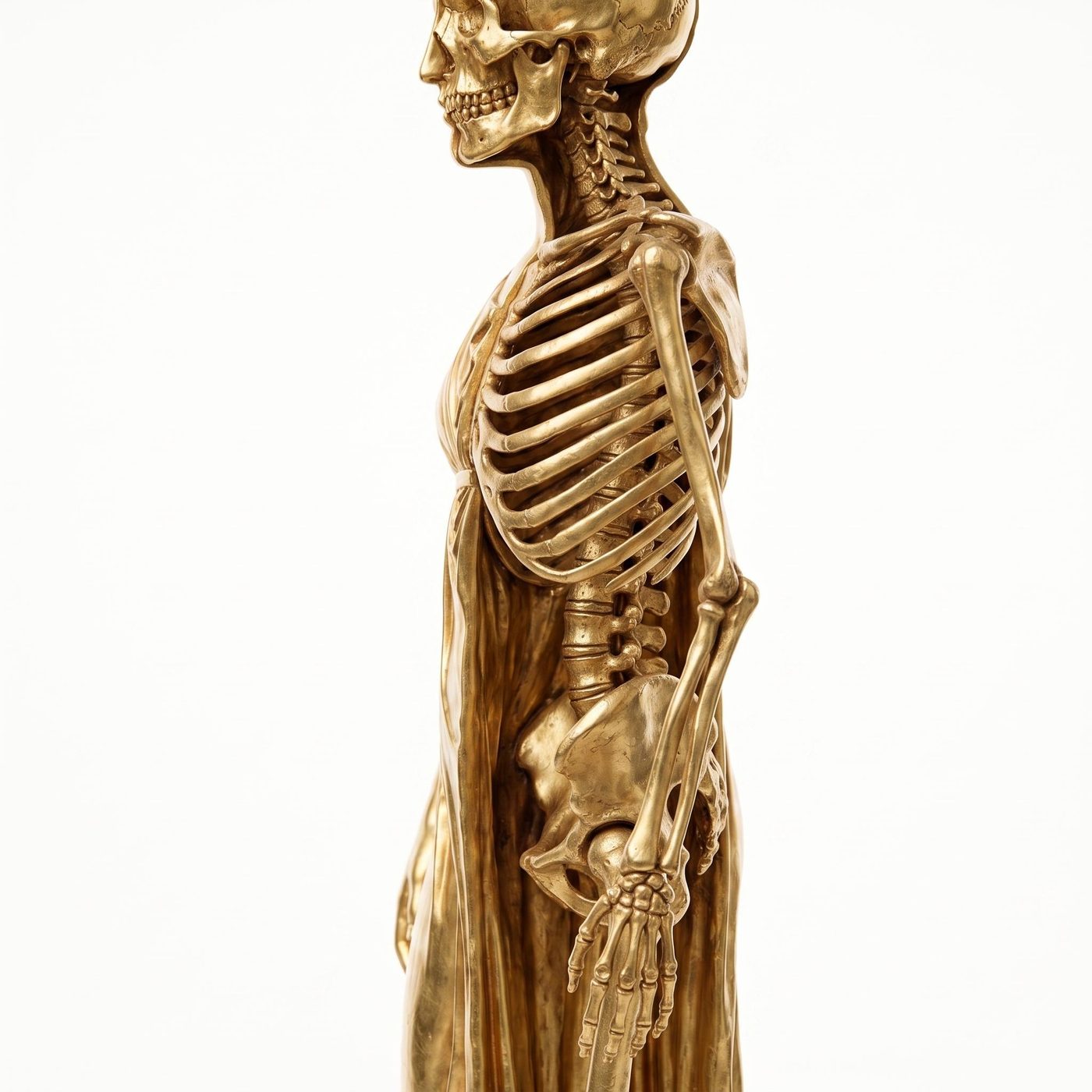Gold skeleton in profile — ribcage, spine and pelvis fully exposed beneath the draped half