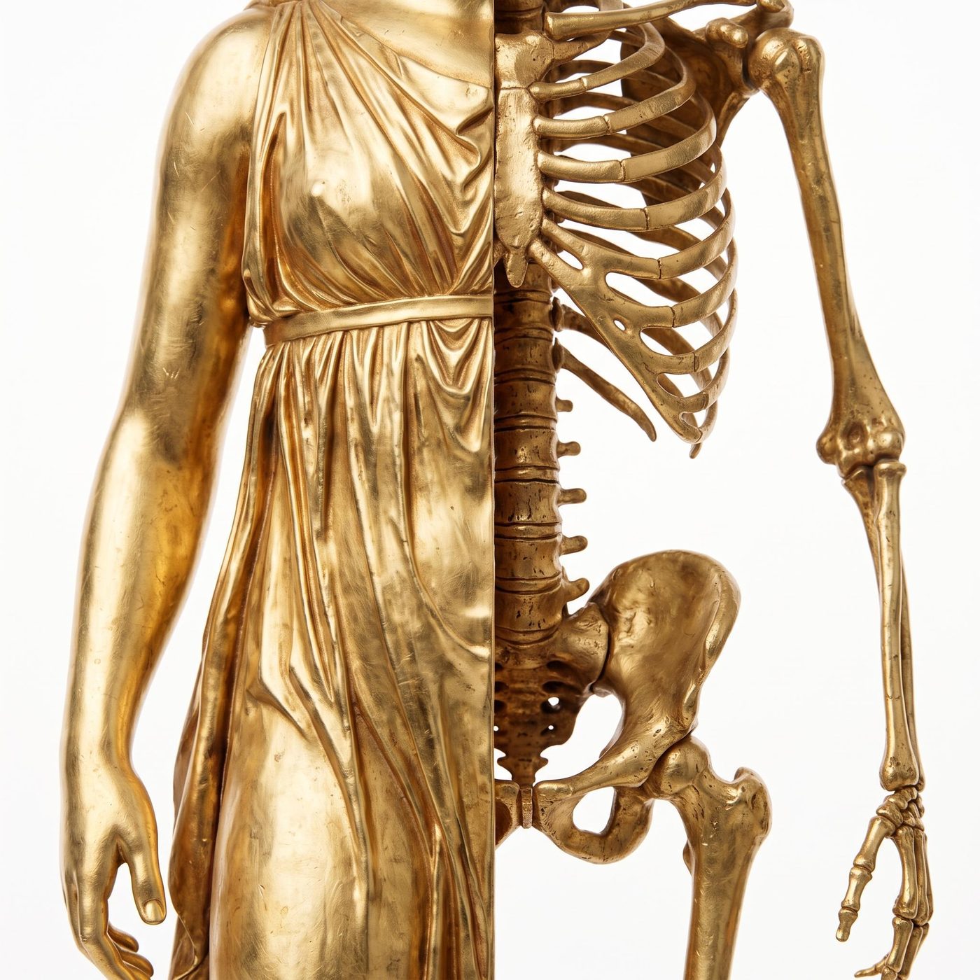 Gold statue torso — draped classical sculpture on the left half, exposed skeleton ribs and spine on the right half